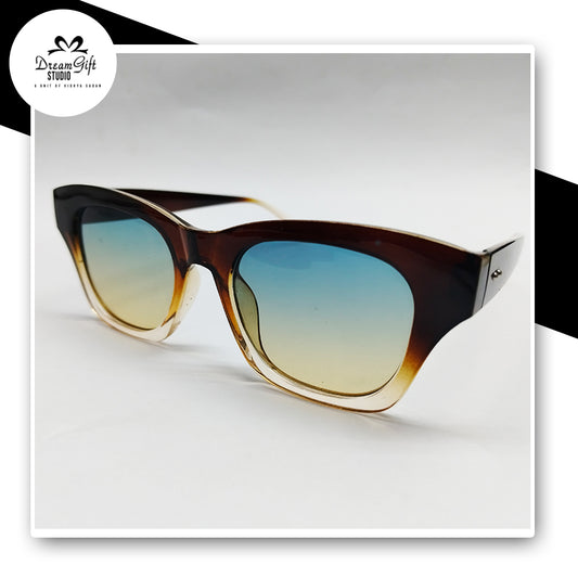 Dual-Tone Brown Frame Sunglasses with Blue-Yellow Gradient Lenses and Silver Temple Accents