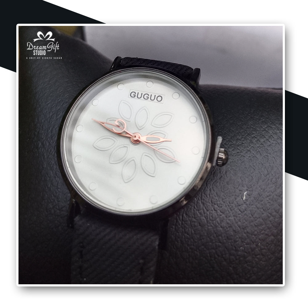 GUGUO Analog Watch with Floral-Patterned White Dial, Rose Gold Hands & Textured Black Strap