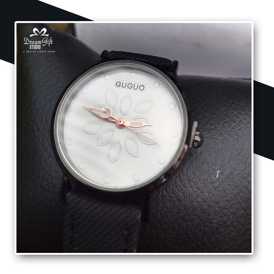 GUGUO Analog Watch with Floral-Patterned White Dial, Rose Gold Hands & Textured Black Strap