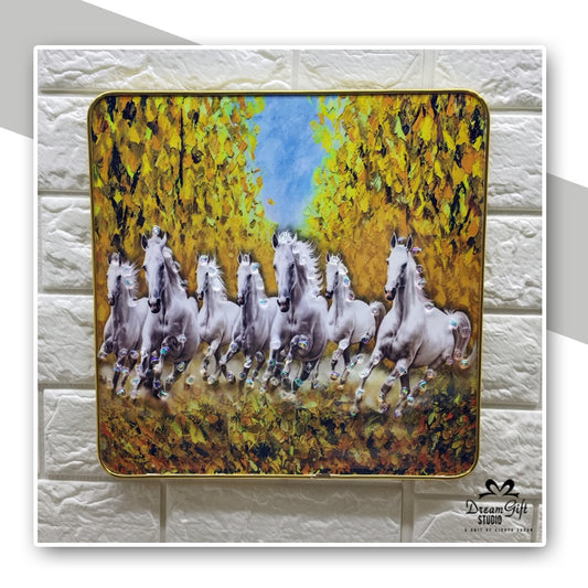 7 Horses Modern Resin Art | 12×12 inches Square| Sleek Gold Metal Frame