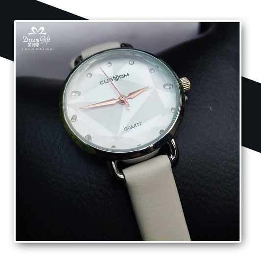 Elegant CUSTOM Quartz Watch with Faceted Crystal-Style White Dial, Rose Gold Hands
