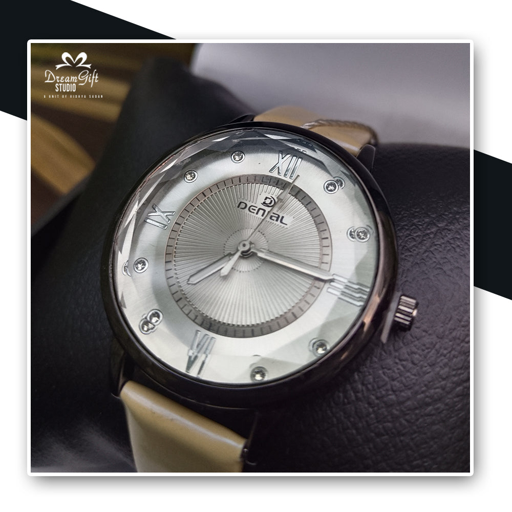 DENIAL Watch with a Silver Dial, Roman Numerals and a Smooth Beige Strap