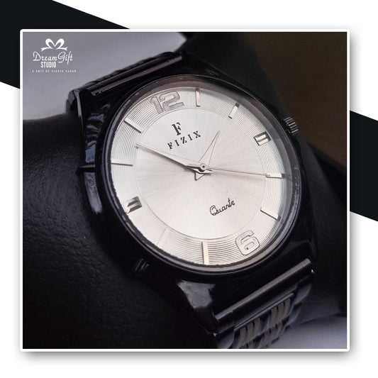 Minimalist silver-tone face with black accents and classic hour markers