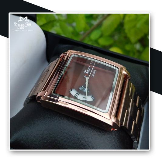 FOREST Rose Gold Watch Bold and elegant with a deep red dial and unique time window