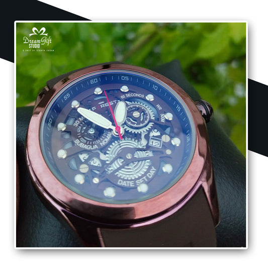 FOREST bold design with a skeleton dial, multi-function subdials, and a rose gold case