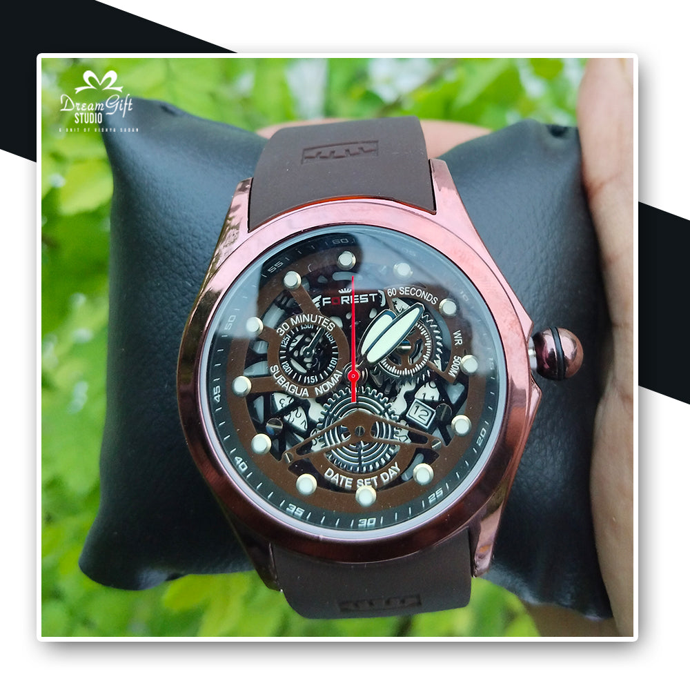 FOREST bold design with a skeleton dial, multi-function subdials, and a rose gold case