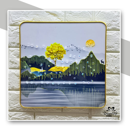Tranquil Landscape Resin Art | 12×12 inches Square | Sleek Metal Frame