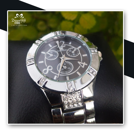 Silver Analog Watch with Black Dial, Decorative Sub-dials & Crystal-studded Bezel and Strap