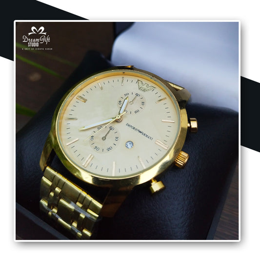 Emporio Armani First copy Elegant Gold-Tone Watch with Cream Dial, Chronograph Subdials