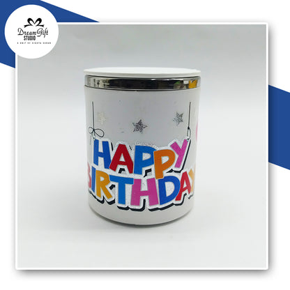 White Steel-Inner Mug with “Happy Birthday” Print & Closable Lid – Gift Ready