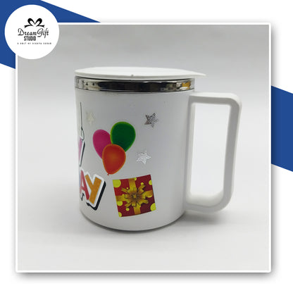 White Steel-Inner Mug with “Happy Birthday” Print & Closable Lid – Gift Ready