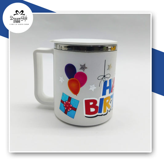 White Steel-Inner Mug with “Happy Birthday” Print & Closable Lid – Gift Ready
