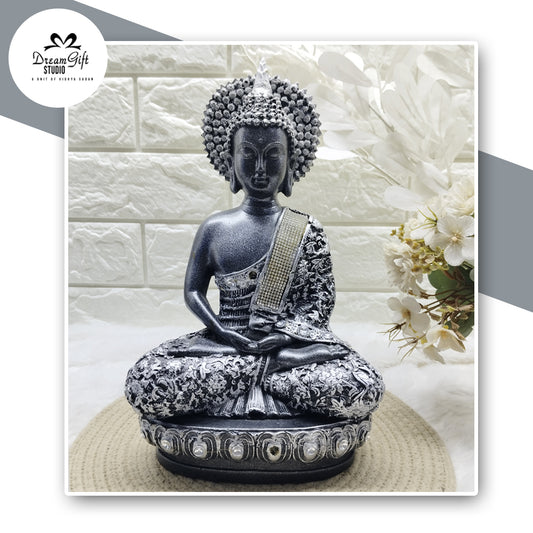 Silent Strength – Black & Silver Resin Buddha with Aura and Elegant Detailing