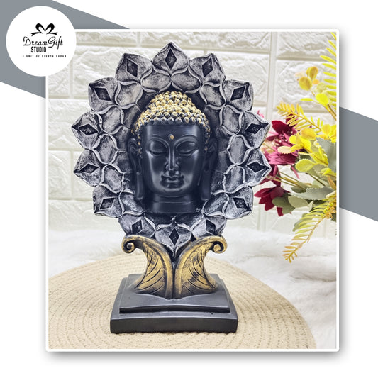 Divine Presence – Buddha Face Resin Statue with Halo Aura Backdrop