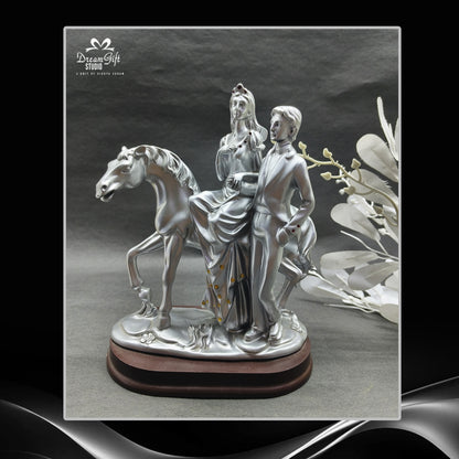"Timeless Bond" – Silver-Plated Couple with Horse Artistic Statue