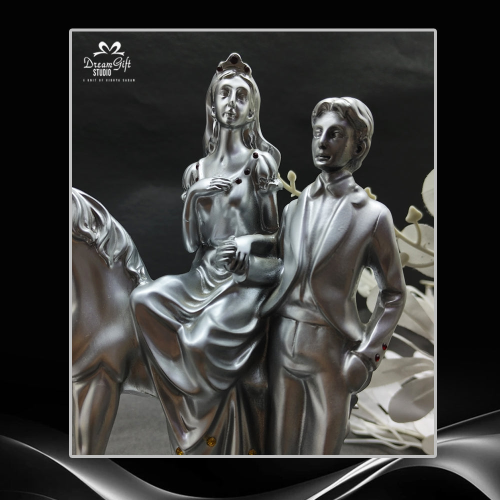"Timeless Bond" – Silver-Plated Couple with Horse Artistic Statue