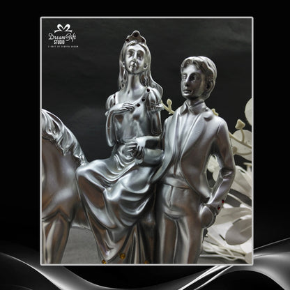 "Timeless Bond" – Silver-Plated Couple with Horse Artistic Statue