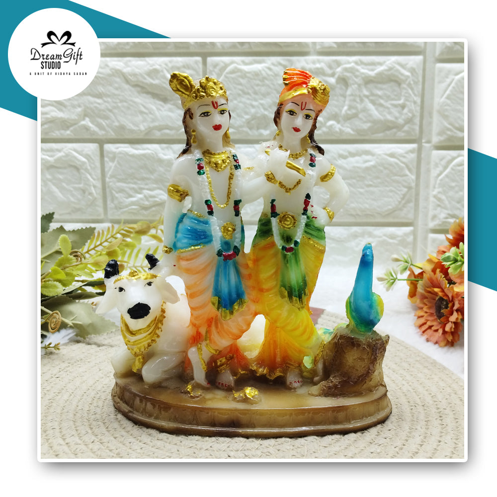 The Divine Bond: Radha Krishna with Peacock & Cow