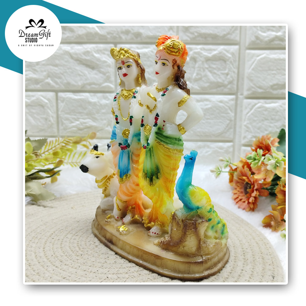 The Divine Bond: Radha Krishna with Peacock & Cow