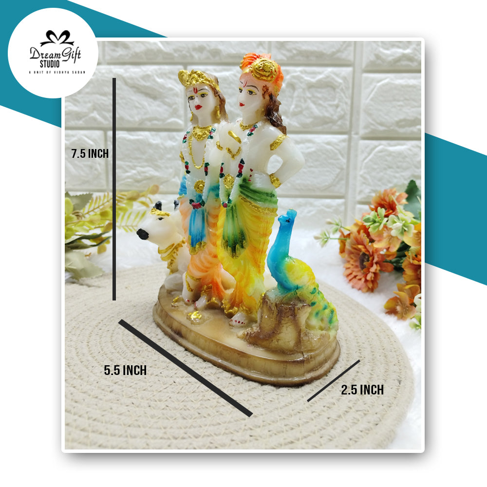 The Divine Bond: Radha Krishna with Peacock & Cow