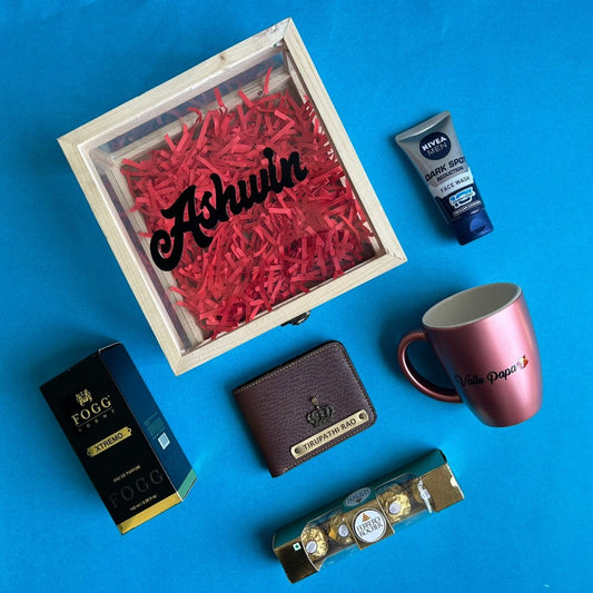 Personalized men's gift hamper with perfume,wallet,chocolates,mug ,nivea facewash and name printed on box