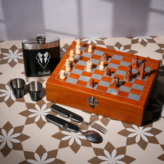 Personalized Chess Box Hip Flask Set