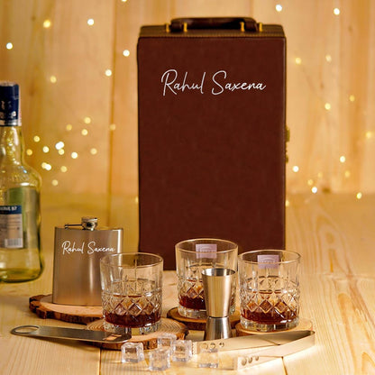 Personalized Leatherette Bar Kit Medium with 3 whiskey Glasses