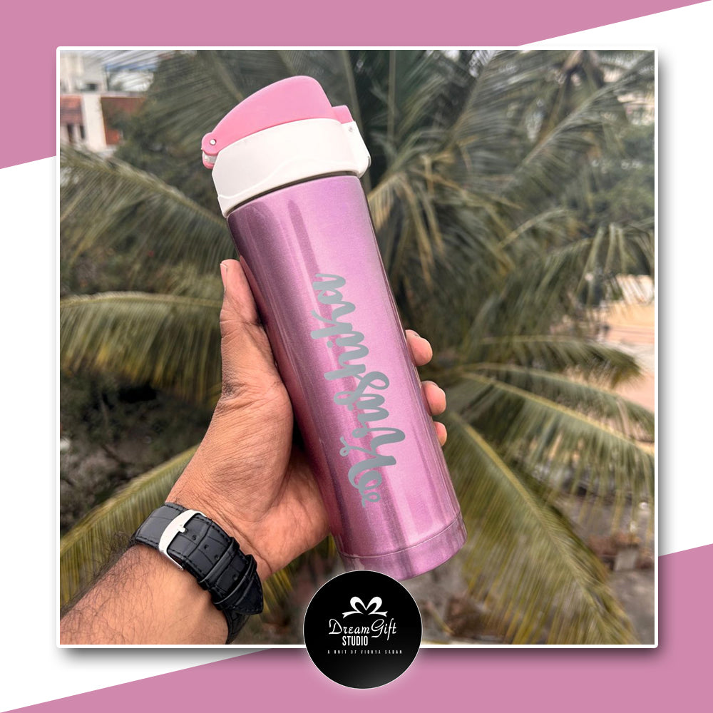 name printed seteel bottle in pink color 