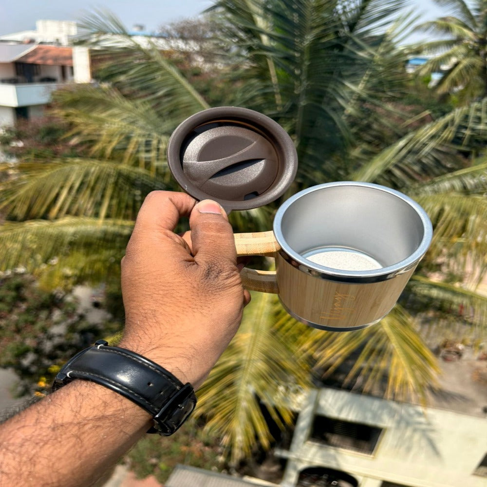 Inner view of name printed bamboo mug that is inside stainless steel