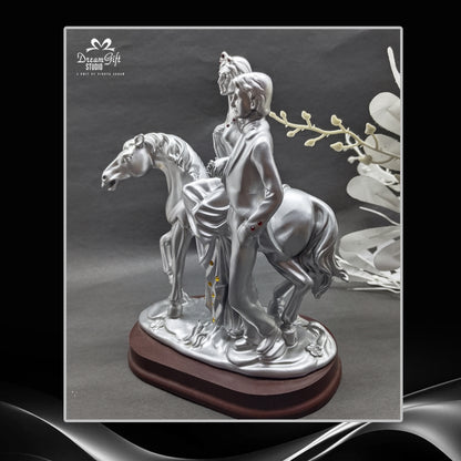 "Timeless Bond" – Silver-Plated Couple with Horse Artistic Statue