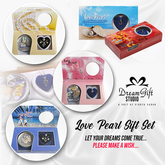 A collection of jewelry gift sets, including a pearl necklace, a ring, earrings, and a pendant with chains, all packaged in colorful branded boxes.